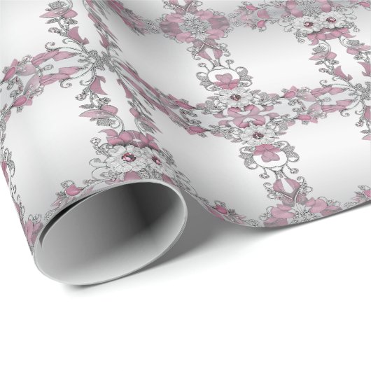 Papier Cadeau Papier d'emballage floral argent rose blanc (Coin rond)
