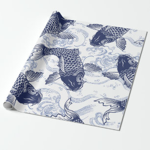 Papier Cadeau Papier d'emballage JAPONAIS de POISSONS BLEUS ET