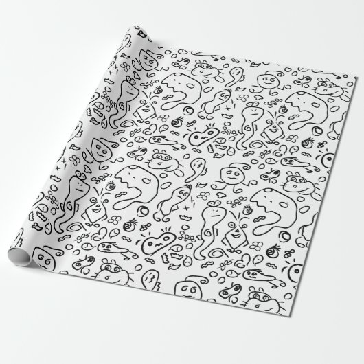 Papier Cadeau Papier d'emballage motif doodle noir et blanc (Déroulé)