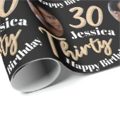 Papier Cadeau Papier d'emballage photo en or noir 30e anniversai (Coin rond)