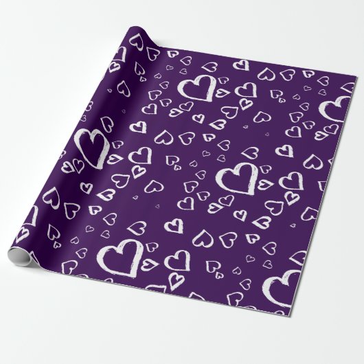 Papier Cadeau Papier d'emballage violet avec cœurs blancs (Déroulé)