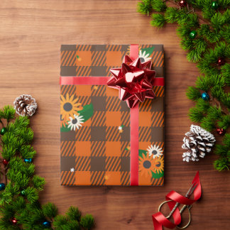 Papier Cadeau Papier d'enrobage Orange Flower Checker