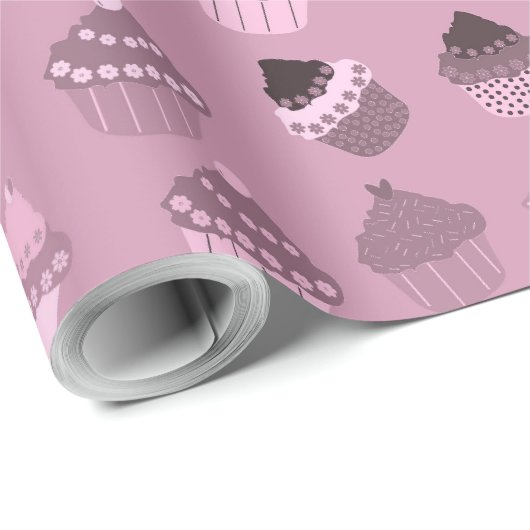 Papier Cadeau Papier d'enveloppement de cupcakes roses (Coin rond)