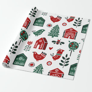 Papier Cadeau Papier d'enveloppement de Noël scandinave rouge et