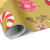 Papier Cadeau Papier d'enveloppement d'icônes de Noël dorées (Coin rond)