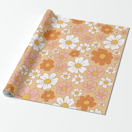Papier Cadeau Papier d'enveloppement floral orange et blanc (Déroulé)