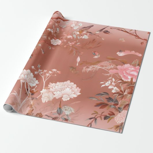 Papier Cadeau Papier d'enveloppement rose Peony Chinoiserie (Déroulé)