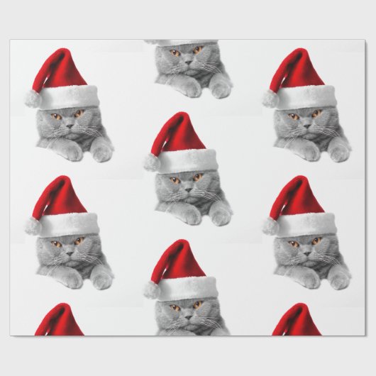 Papier Cadeau Papier enveloppant Chat gris de Noël avec chapeau (Plat)