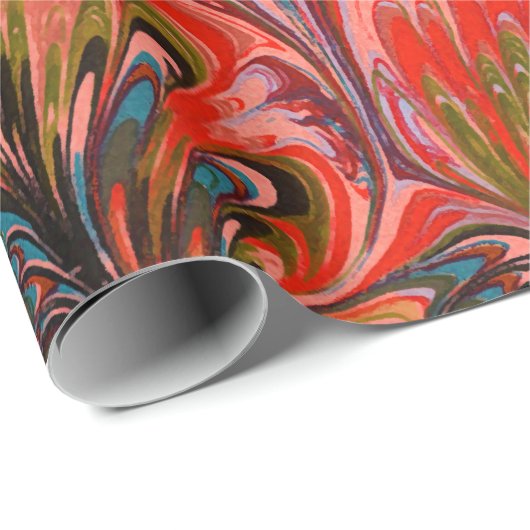 PAPIER CADEAU PAPIER MARBÉ, MOTIF ABSTRAIT ROUGE BLEU PEACOCK (Coin rond)