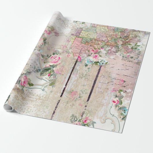 Papier Cadeau Papier mural Vintage romantique Rose (Déroulé)