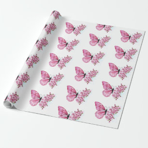 Papier Cadeau Papillon à fleurs avec Sakura rose