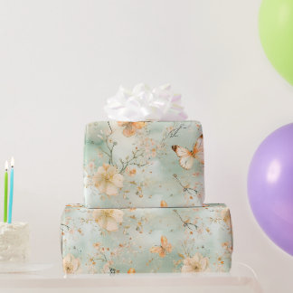 Papier Cadeau Papillon Aquarelle Floral Sauge Orange