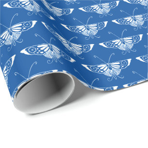 Papier Cadeau Papillon Art déco stylisé, bleu cobalt et blanc