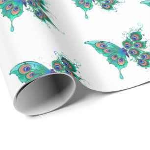 Papier Cadeau Papillon aux plumes de paon vert