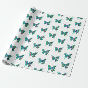 Papier Cadeau Papillon aux plumes de paon vert