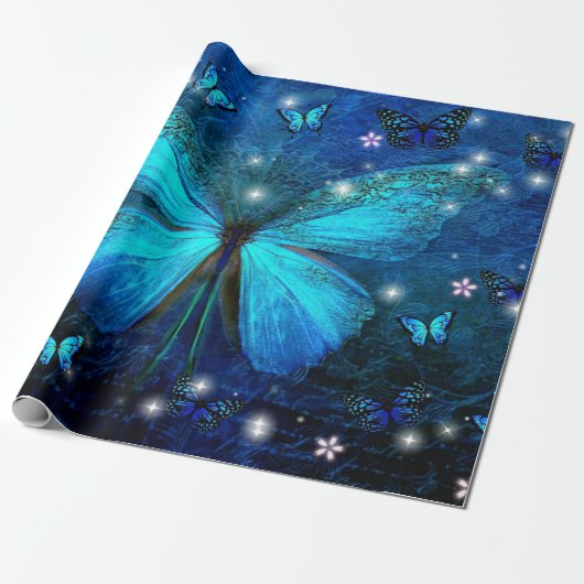 Papier Cadeau Papillon bleu élégant (Déroulé)