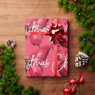 Papier Cadeau Papillon de Noël rose moderne Joyeux