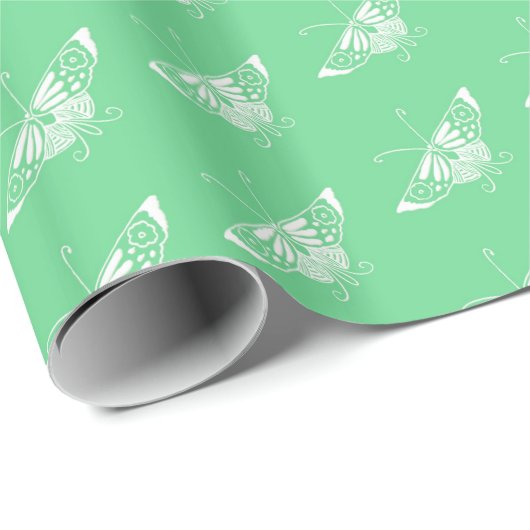 Papier Cadeau Papillon déco stylisé - vert menthe (Coin rond)
