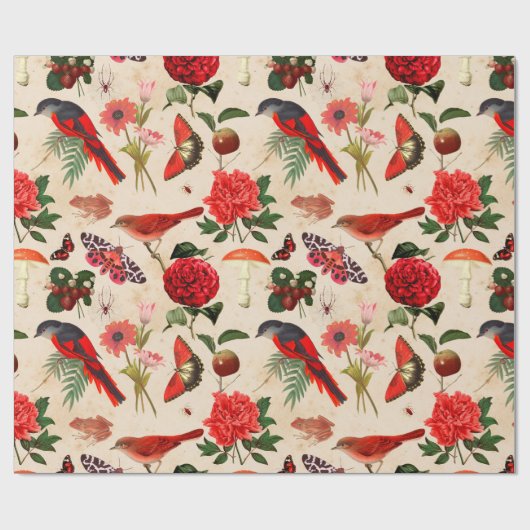 Papier Cadeau Papillon et champignon aux oiseaux rouges (Plat)