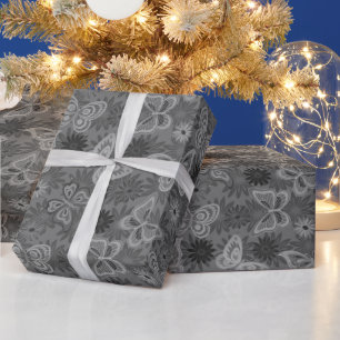 Papier Cadeau Papillon floral naturel moderne Silver de luxe