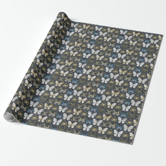 Papier Cadeau Papillon Gold Navy (Déroulé)