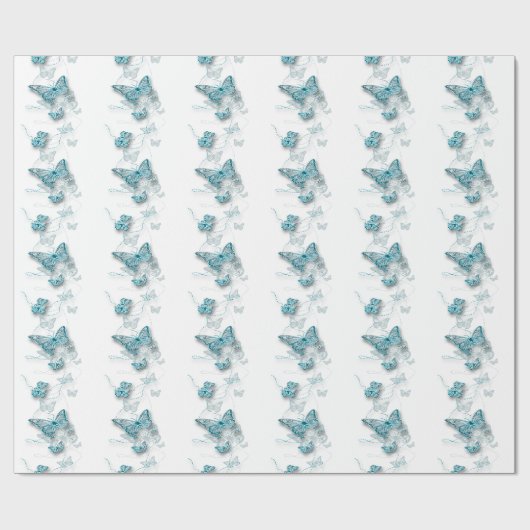 Papier Cadeau papillon mariage bleu blanc (Plat)