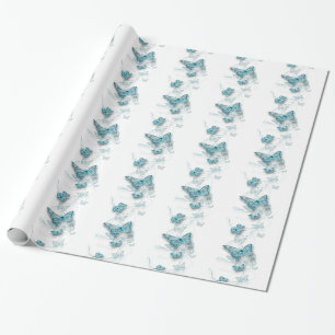 Papier Cadeau papillon mariage bleu blanc