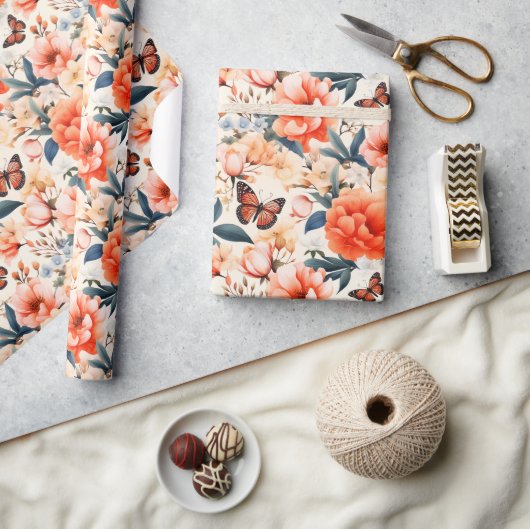 Papier Cadeau Papillon monarque Orange Floral (Artisanat)