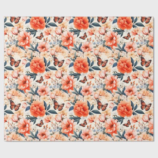 Papier Cadeau Papillon monarque Orange Floral (Plat)