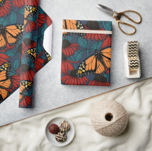 Papier Cadeau Papillon monarque sur des fleurs rouges