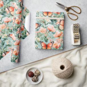 Papier Cadeau Papillon orange Orange Vert Floral