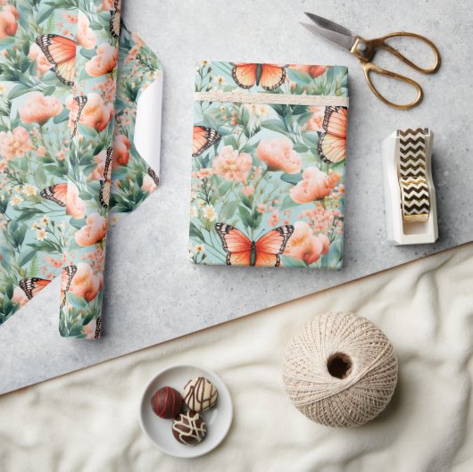 Papier Cadeau Papillon orange Orange Vert Floral (Artisanat)