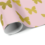 Papier Cadeau Papillon rose or Papillons Métallurgiques Faux Pap (Coin rond)