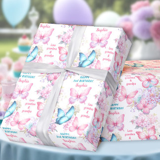 Papier Cadeau Papillon rose violet été Anniversaire Nom Texte
