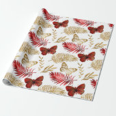 Papier Cadeau Papillon rouge Feuille de palme florale Élégant Or (Déroulé)