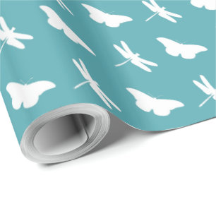 Papier Cadeau Papillon sarcelle et blanc et motif de libellule