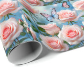 Papier Cadeau Papillon Sur Fleur Rose (Coin rond)