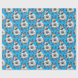 Papier Cadeau Papillon sur Motif de fleurs Design bleu