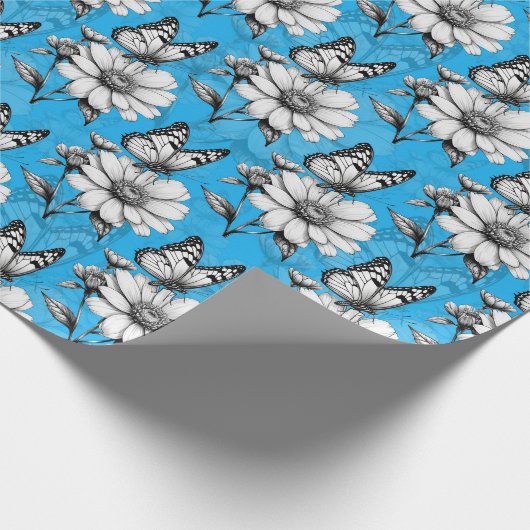 Papier Cadeau Papillon sur Motif de fleurs Design bleu (Coin)