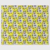 Papier Cadeau Papillon sur Motif Fleur Design Jaune (Plat)