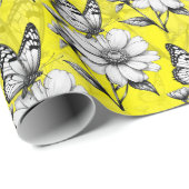 Papier Cadeau Papillon sur Motif Fleur Design Jaune (Coin rond)