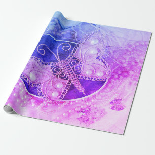 Papier Cadeau Papillon, Vintage romantique, feuillage rose viole