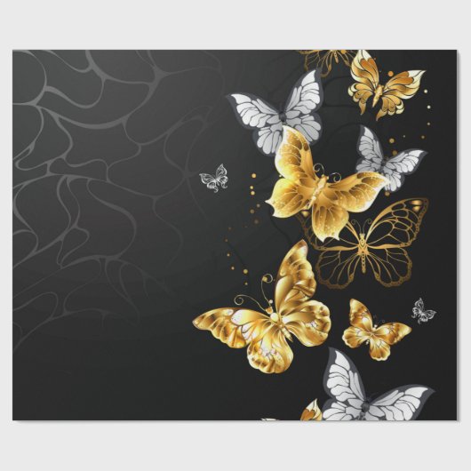 Papier Cadeau Papillons blancs et dorés (Plat)