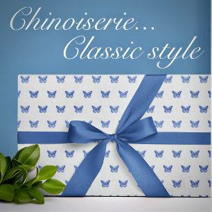 Papier Cadeau Papillons bleus et blancs de chinoiserie vintage