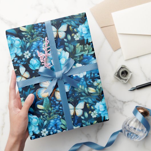 Papier Cadeau Papillons bleus et fleurs bleues (Cadeaux)