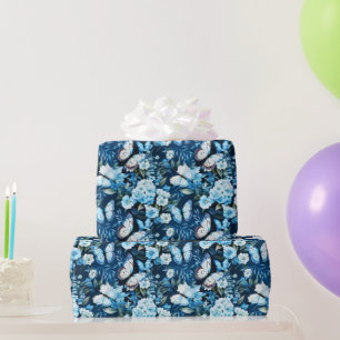 Papier Cadeau Papillons bleus et fleurs bleues