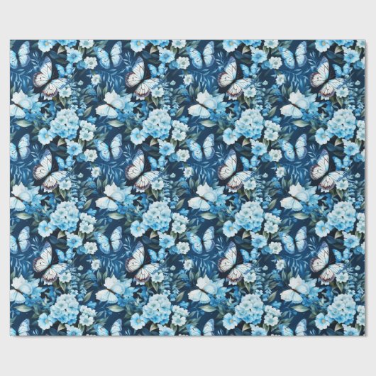 Papier Cadeau Papillons bleus et fleurs bleues (Plat)