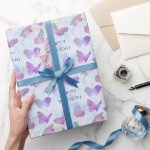 Papier Cadeau Papillons brillants sur l'anniversaire bleu Abstra