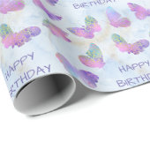 Papier Cadeau Papillons brillants sur l'anniversaire bleu Abstra (Coin rond)