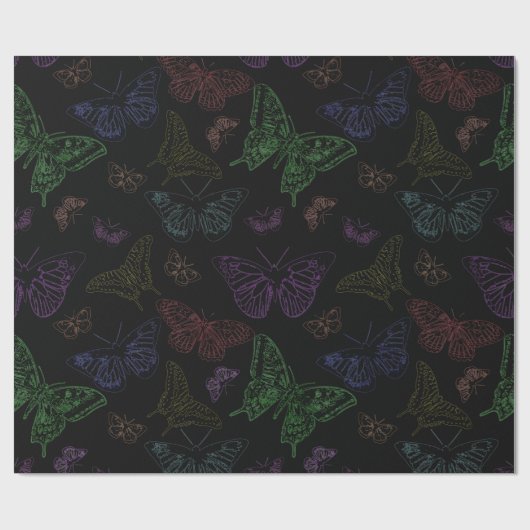 Papier Cadeau Papillons couleur noir et arc-en-ciel volants (Plat)